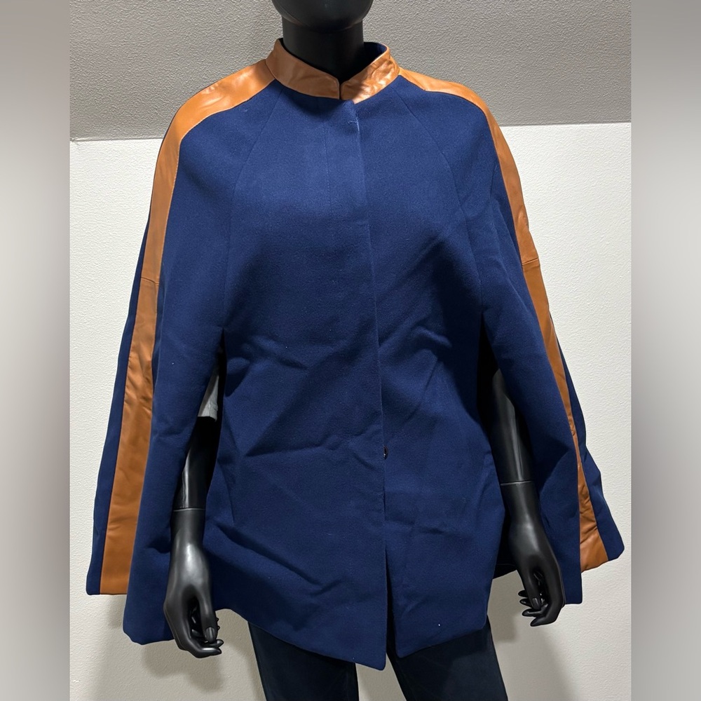 Hal Rubenstein Leather Trim Cape XS/small Dark Blue & Tan Leather NEW